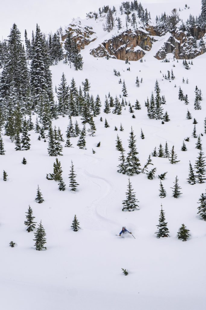 Cutting linked turns in fresh powder.