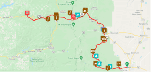 A map of our route riding a portion of the Deschutes Tier of the Oregon Timber Trail in 2021