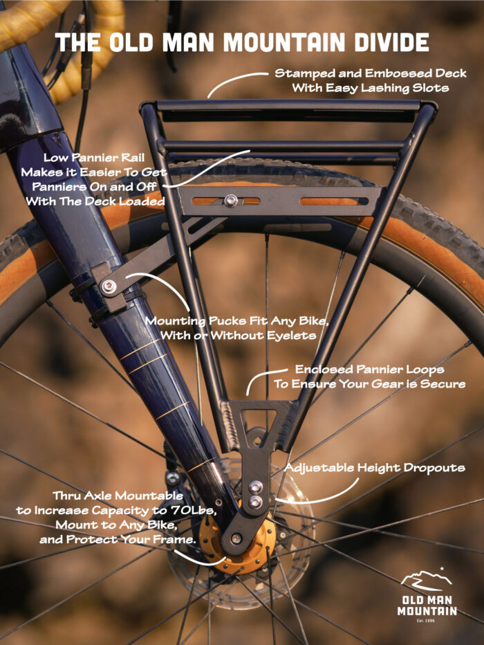 Rack mounted on a gravel bike fork with key features labeled.