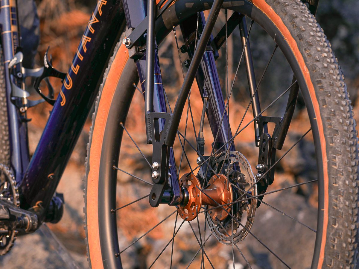 Pannier rack mounted on a gravel bike fork