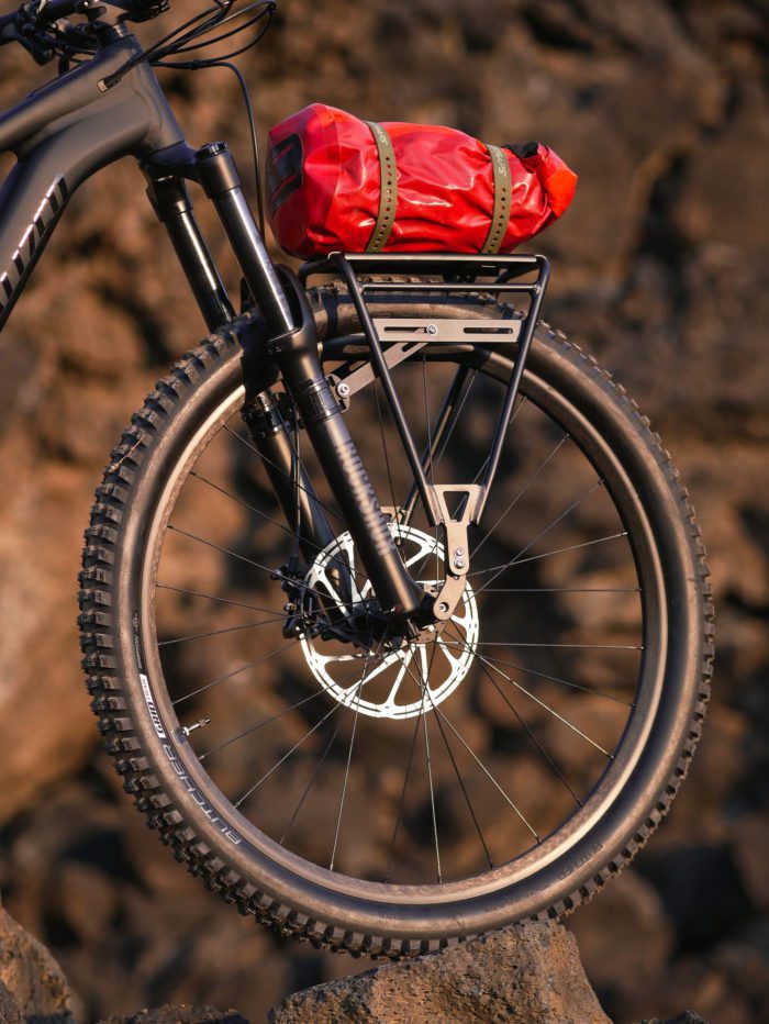 Bike Cargo rack mounted on a mountain bike fork