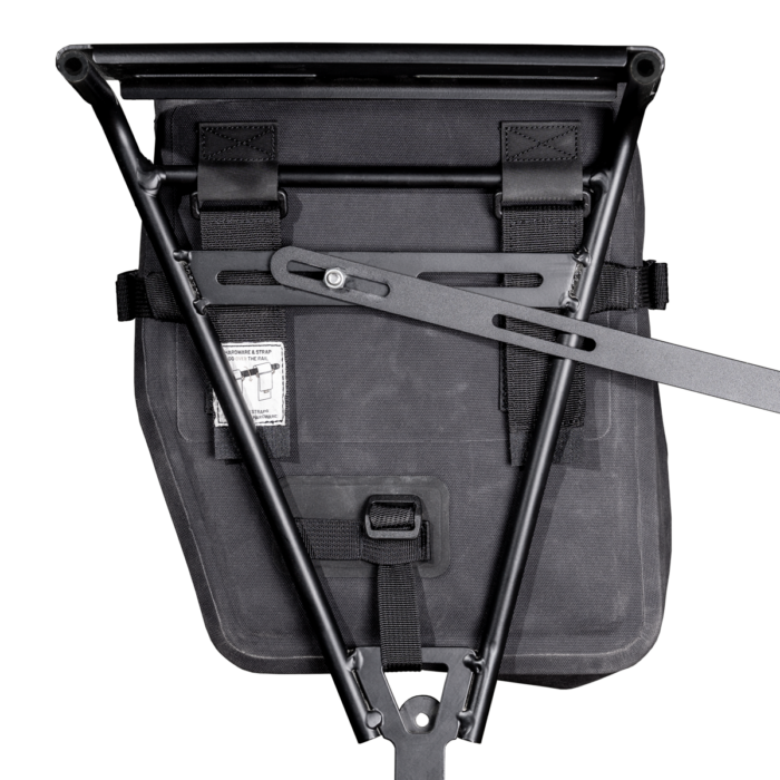 Ponderosa Bikepacking Pannier attachment method shown on a rack that has been cut in half.