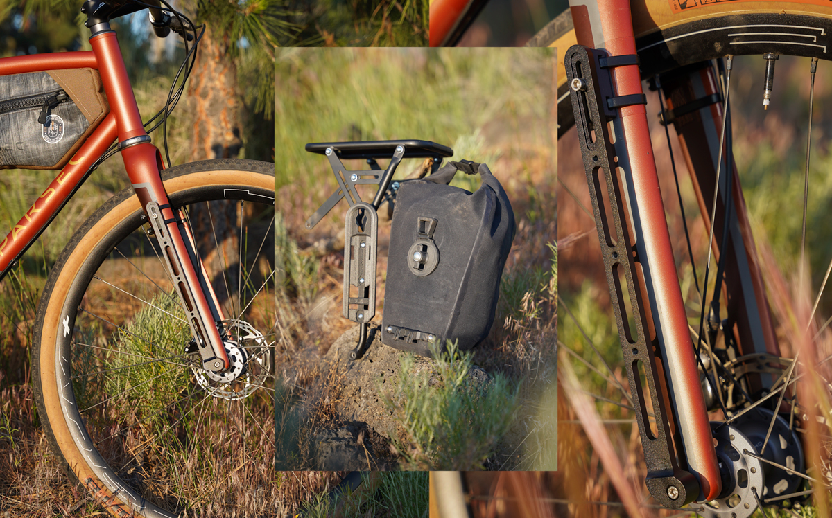 three overlapping images. The left one is a bike with axlepack mounted on a carbon fork. The right one is a closer image of the same fork. The center image is of FLIP cage.