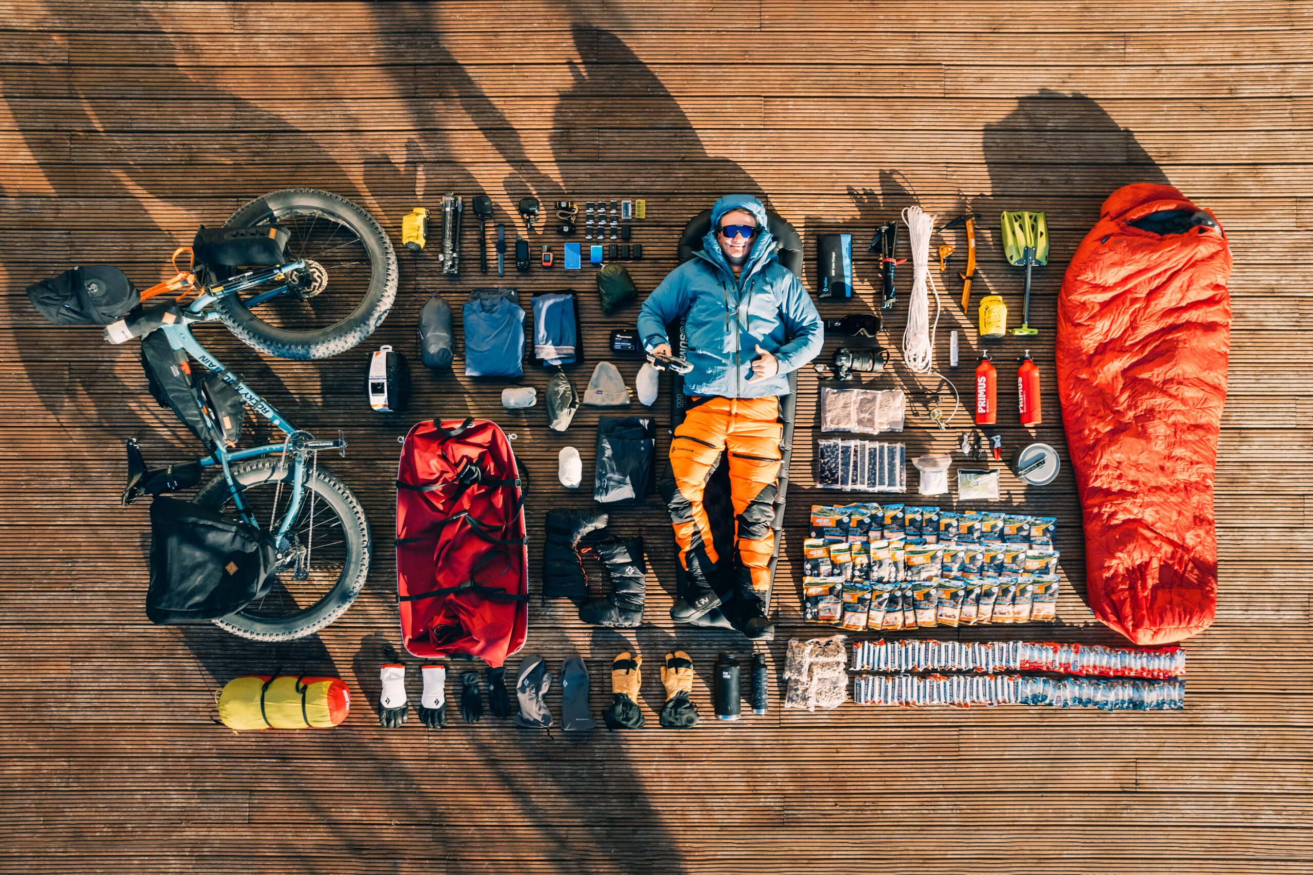 Drone shot of Joffrey Maluski and all of his bickepacking gear