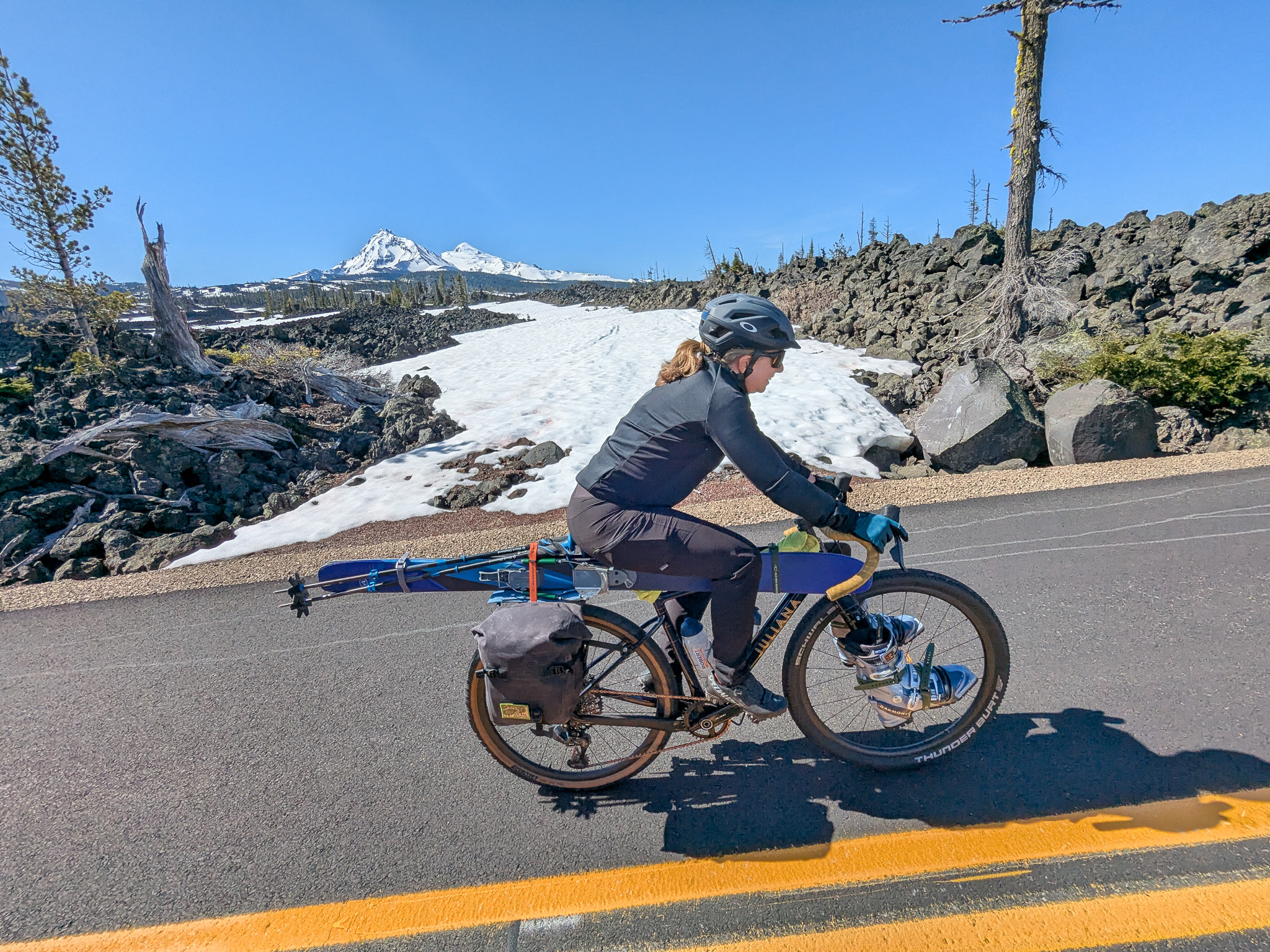 Bike-ski-Chris-Katy-18 Katy pedaling up McKenzie Hwy.