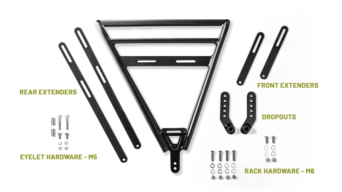 Divide-XL-Includes Old Man Mountain Divide Rack with all of the parts it ships with laying on a white backdrop