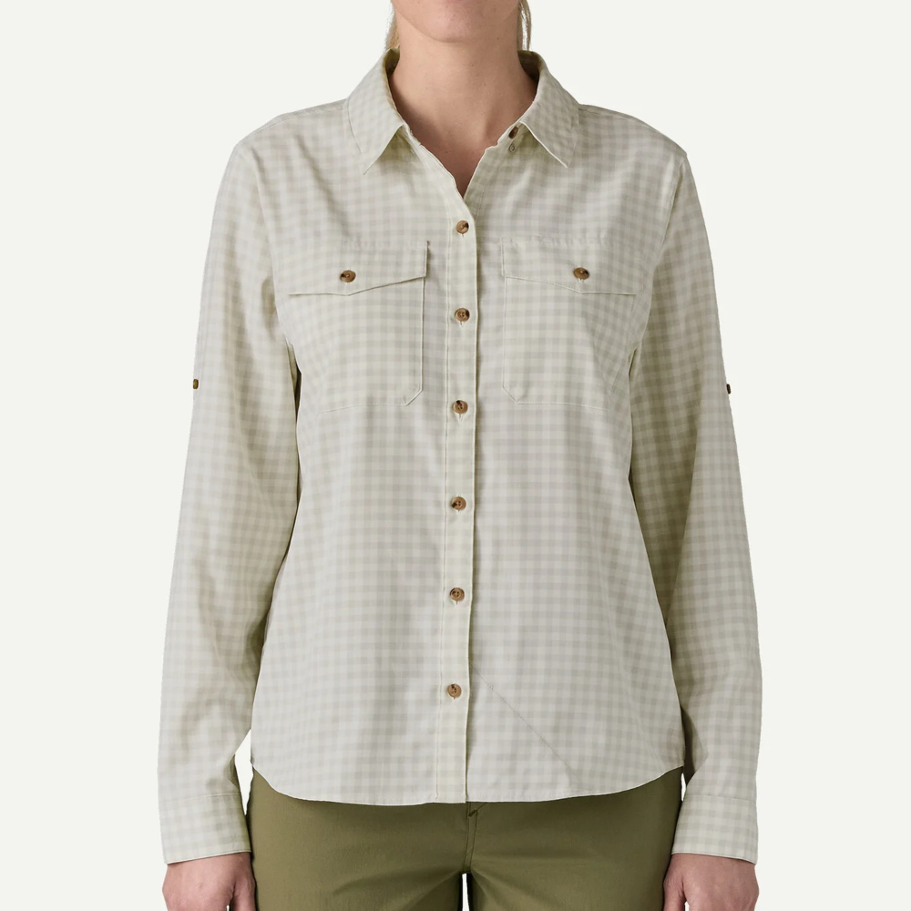 Model wearing Patagonia Women's Self-Guided Sun Shirt