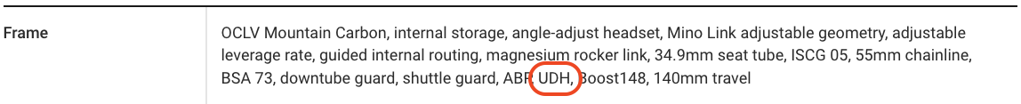 Example of where the UDH attribute is called out in a bike's specifications