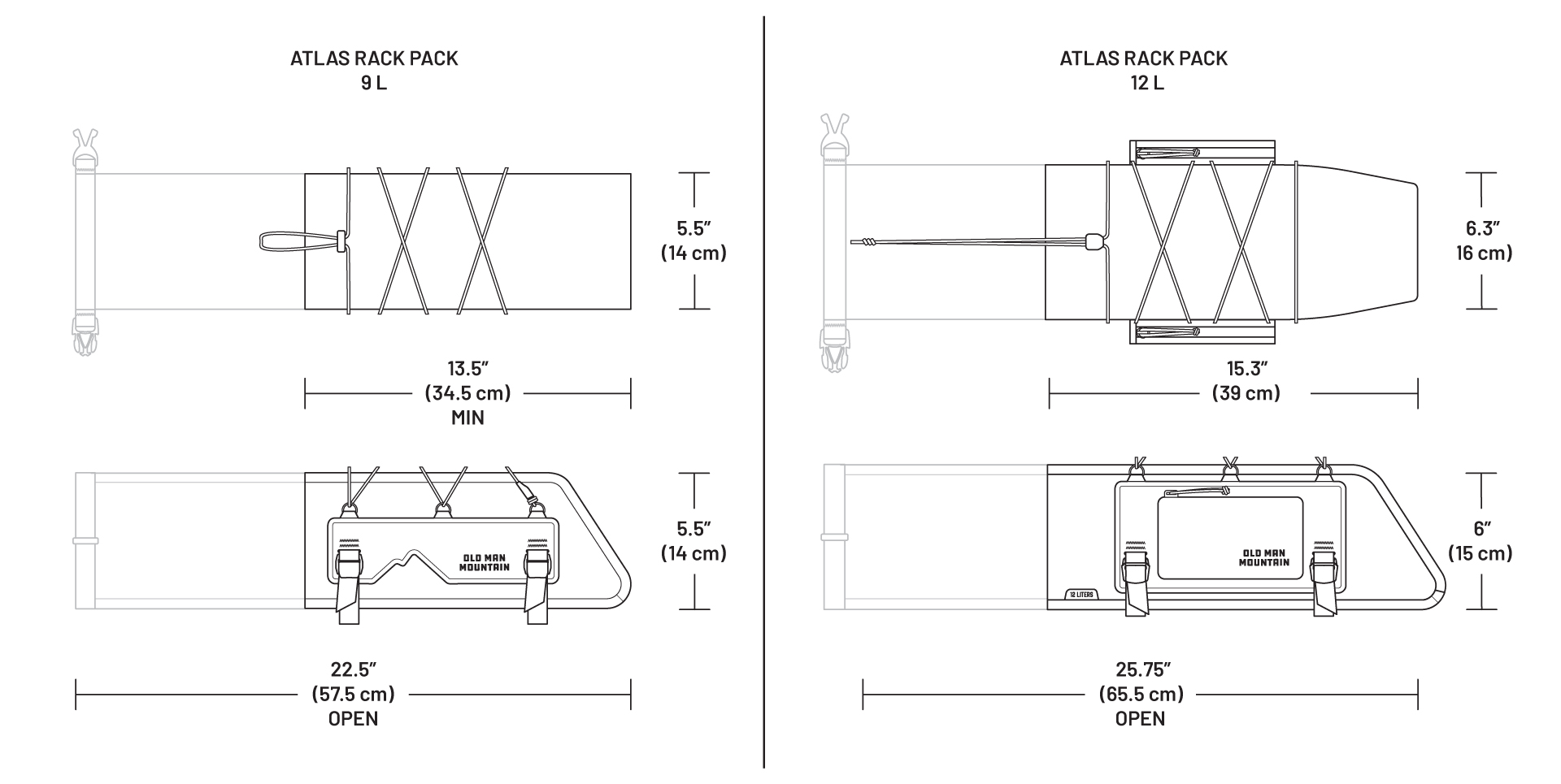 Atlas Rack pack comparison diagram showing the dimensions of the 9L and 12L versions of the bag.