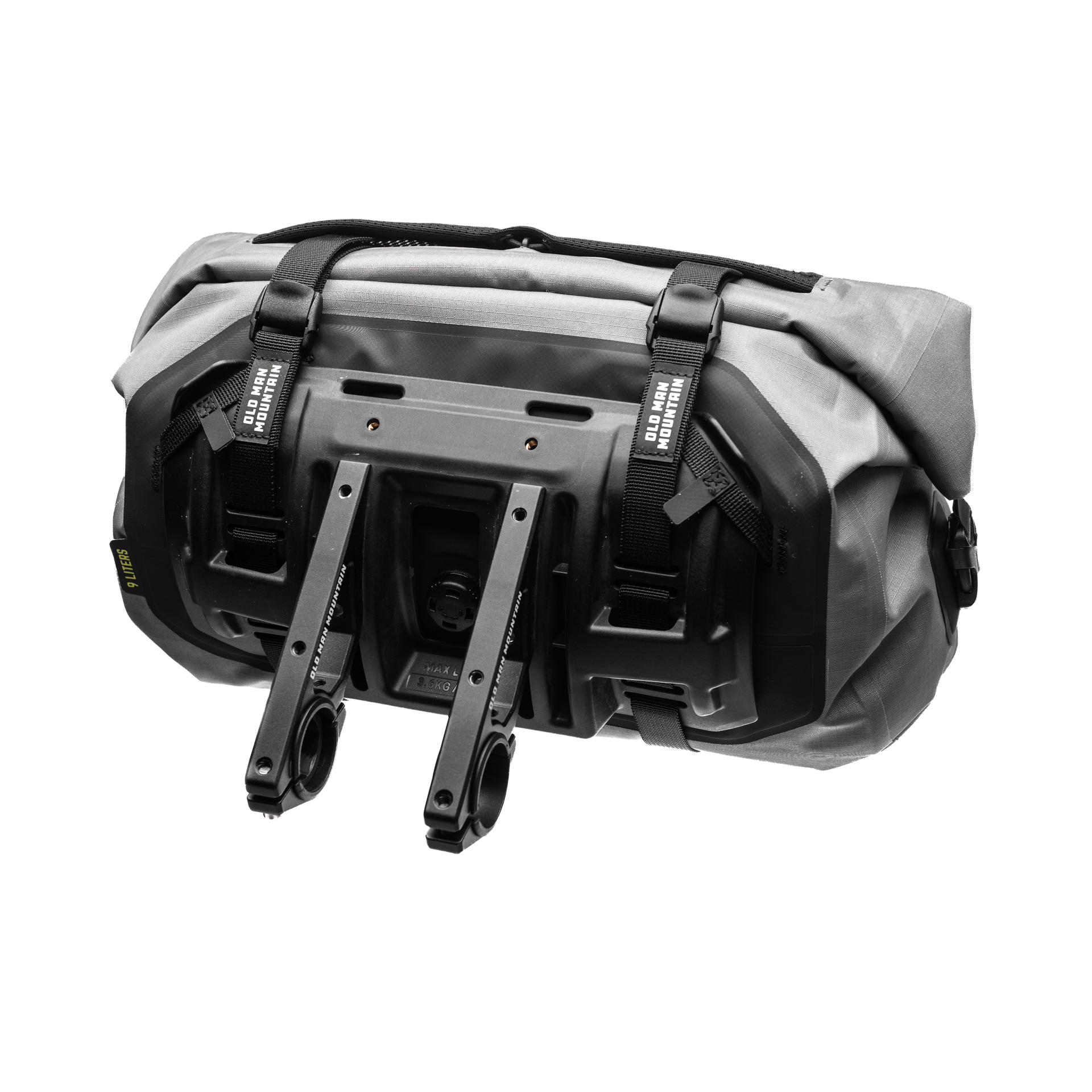 Manzanita bikepacking handlebar cradle with 9L top load bag on a white background