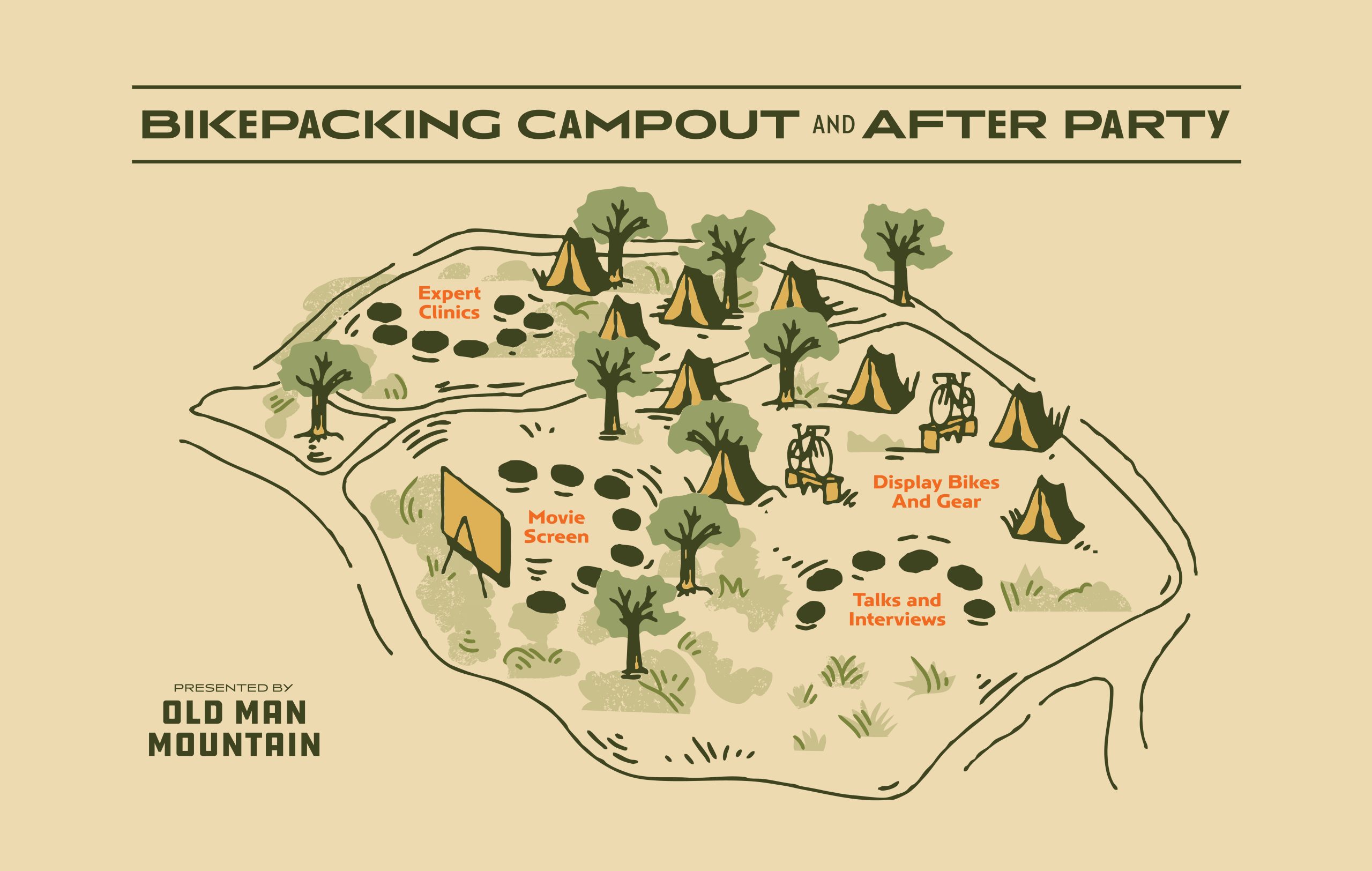 OMM-BikepackingCampMap-20260220 illustrated map of the Bikepacking Campout at Sea Otter campground layout